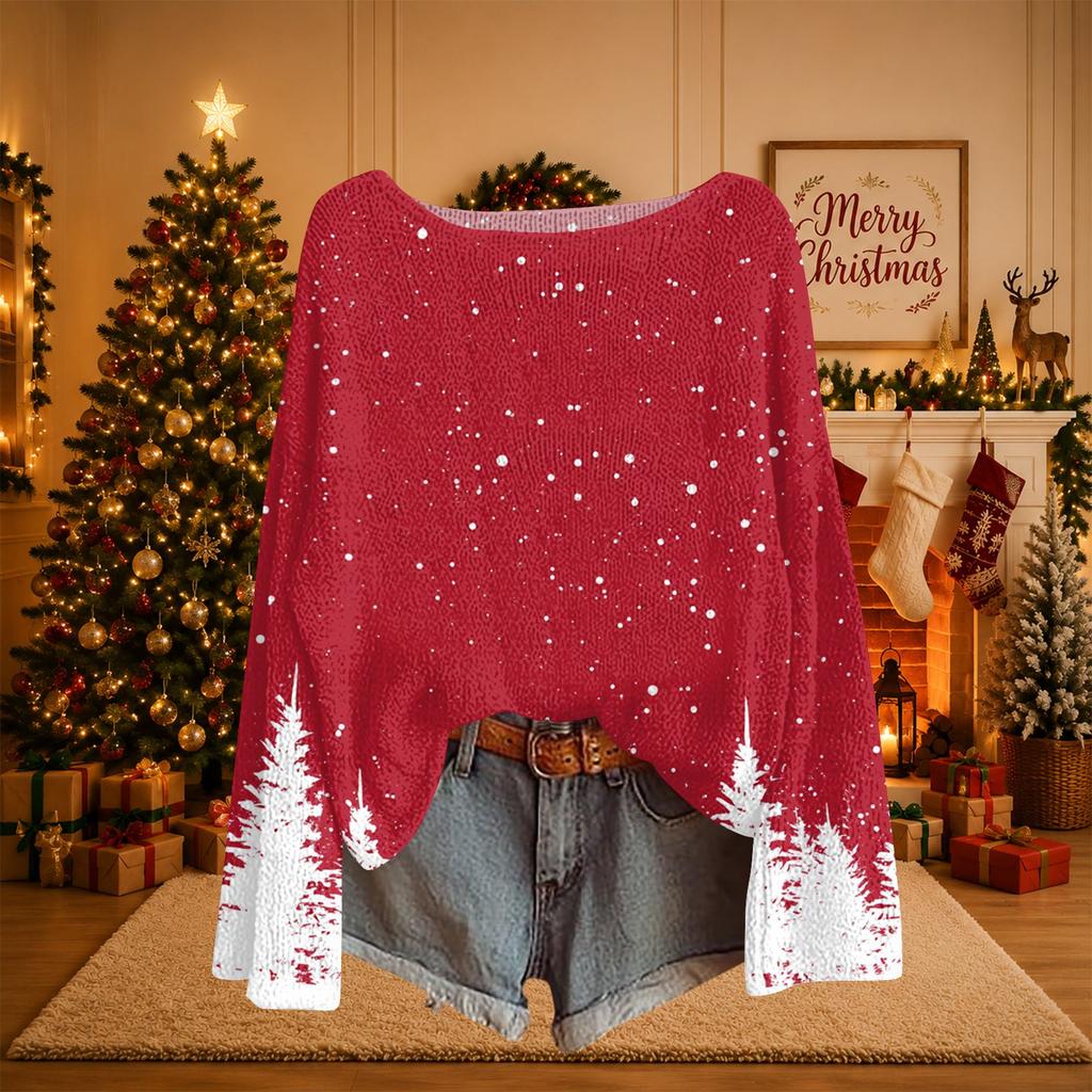 Women's Christmas Print Lightweight Knit Sweater Long Sleeve Casual Pullover Top