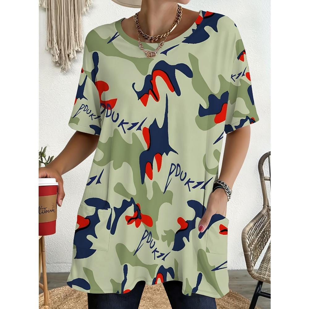 Women's Summer Short Sleeved T-shirt, 3D Printed Pocket T-shirt, Casual Plus Size T-shirt