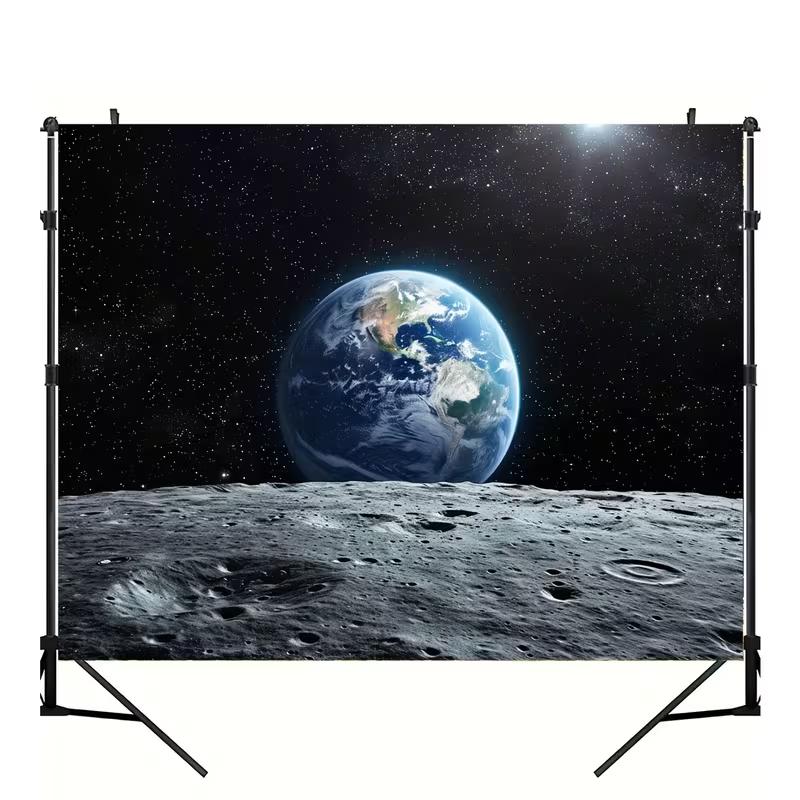 2D Earth from Moon Backdrop, Outer Space Galaxy with Starry Sky Photography Background