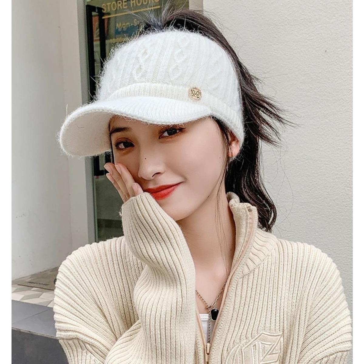 

Теплая шляпа-цилиндр с полым верхом для осени и зимы, утолщенная, с возможностью завязать хвостик для защиты от холода, вязаная шапка для защиты ушей, модная шляпа с козырьком