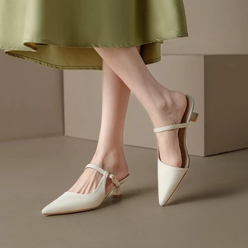 2024 New Summer Women Shoes Pointed Toe Mules Genuine Leather High Heel Sandal Outside Slipper Shoes for Women Handmade