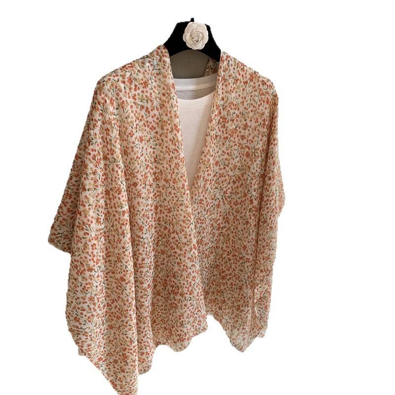 Japanese Literary And Artistic Small Flower Thin Outer Shawl Scarf Women'S Summer Air-Conditioning Room Head Silk Scarf Yarn Sunscreen Beach Towel