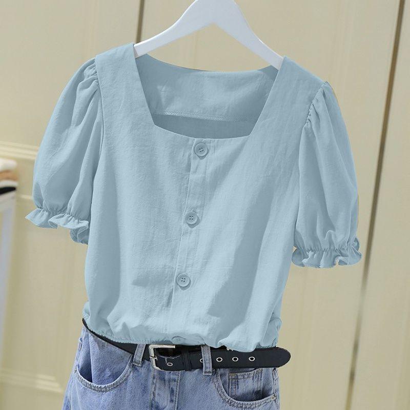 WTEMPO Brand Summer Square Neck French Women's Short Sleeve Shirt Short Loose Bubble Sleeve Waist Waist Exposed Collar Slim Top