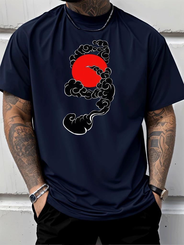 Unisex White Crew Neck Tee Oriental Cloud Red Sun Art Print Loose Oversized Short Sleeve Unisexs Summer Streetwear Casual Basic Top