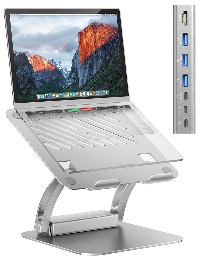 Tounee Laptop Stand with Detachable 100W PD Host Ergonomic Aluminum Laptop Fits Inch and Gray USB-C Hub, Charging, 4K@60Hz HDMI, USB-A & USB-C 3.0