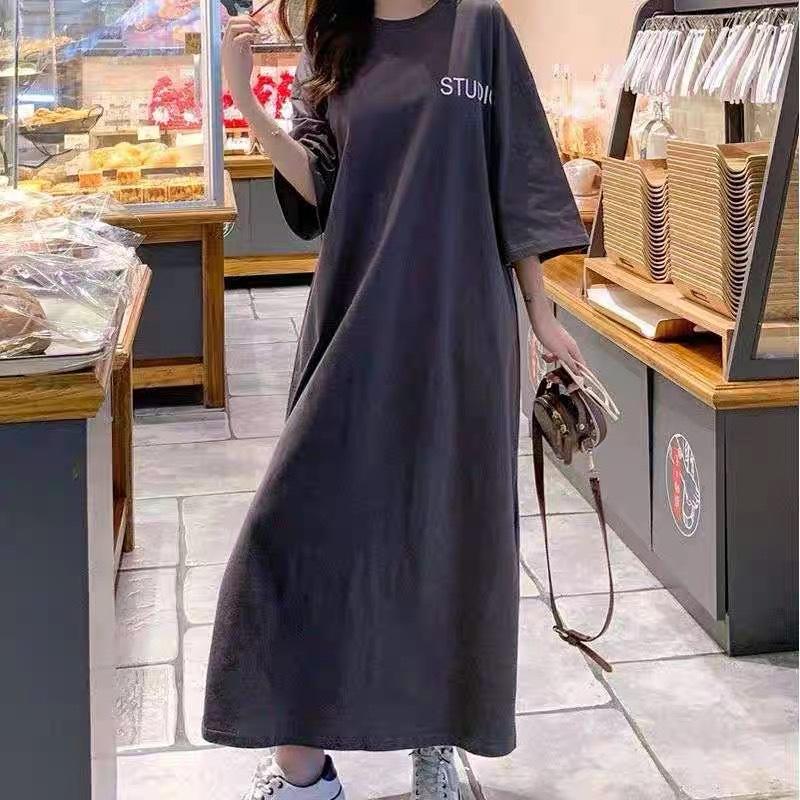 

Футболка большого размера женская Fat Mm Lazy Long с короткими рукавами, свободное платье выше колена большого размера, летняя длинная юбка 2XL серый