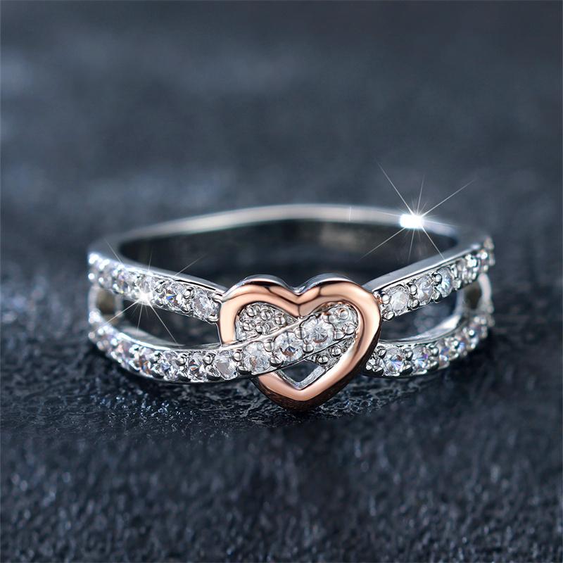 Simple Female White Zircon Stone Ring Rose Gold Silver Color Heart Engagement Bride Wedding  For Women