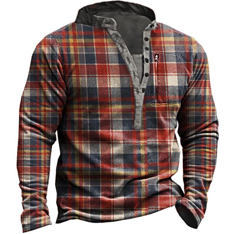 Large size men's sweatshirt autumn loose stand collar thickened 3D digital plaid printed tops in stock