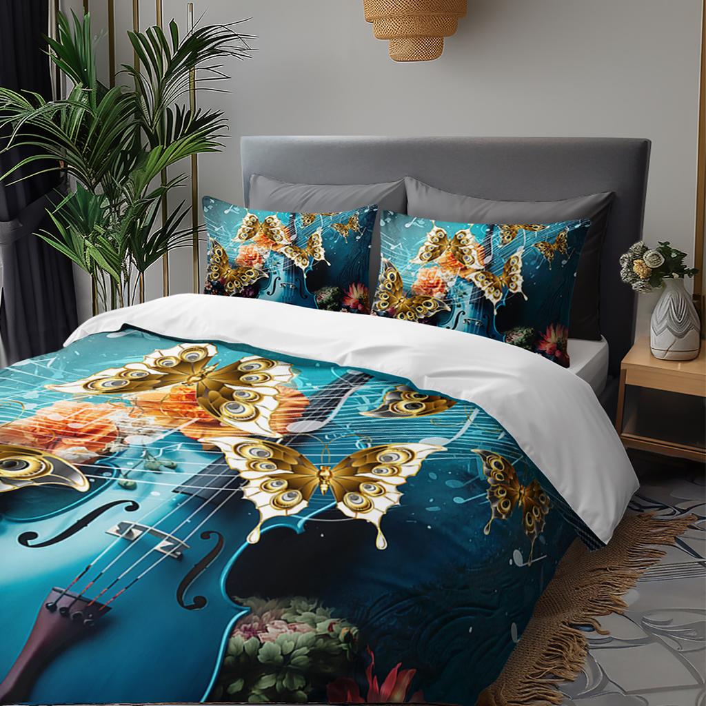 3pcs Teal Musical Butterfly Bedding Duvet Cover Set Elegant Violin Bedding Quilt Set Floral Themed Bed Quilt Set Romantic