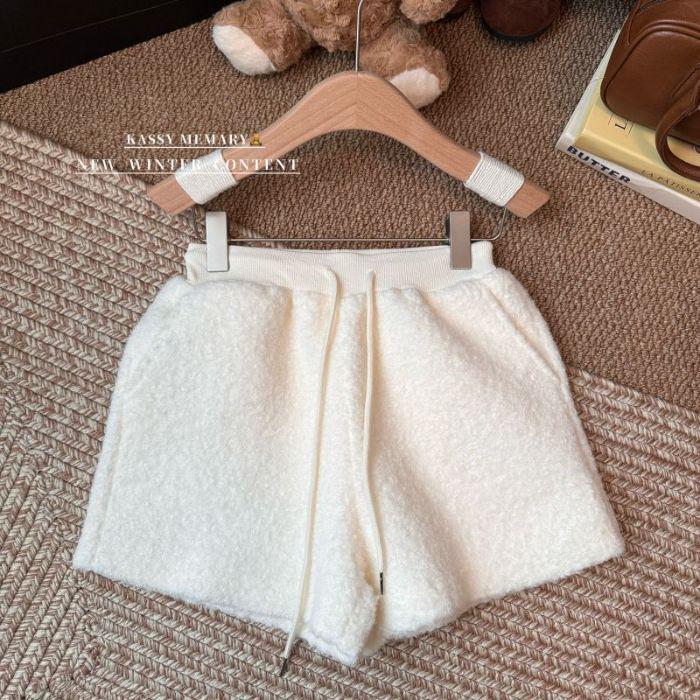 Women s High-Waisted Woolen Solid Color Drawstring Pants - Autumn/Winter 2025 Hip-Hugging Shorts XL