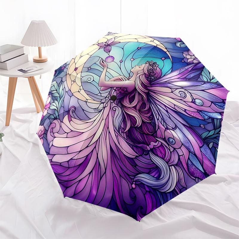 1pc Stained Glass Fairy Design Automatic Folding Umbrella - Portable 3-Fold Design with 8-Rib Iron Frame, Outdoor, Ideal Gift for Fans, Travelers, Dai
