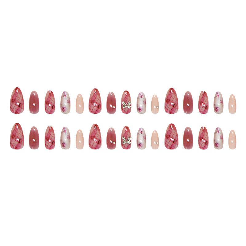 Rose Smudged Bow, Sparkling Diamond Temperament, Versatile Removable Wearable Nails, 30 Pieces