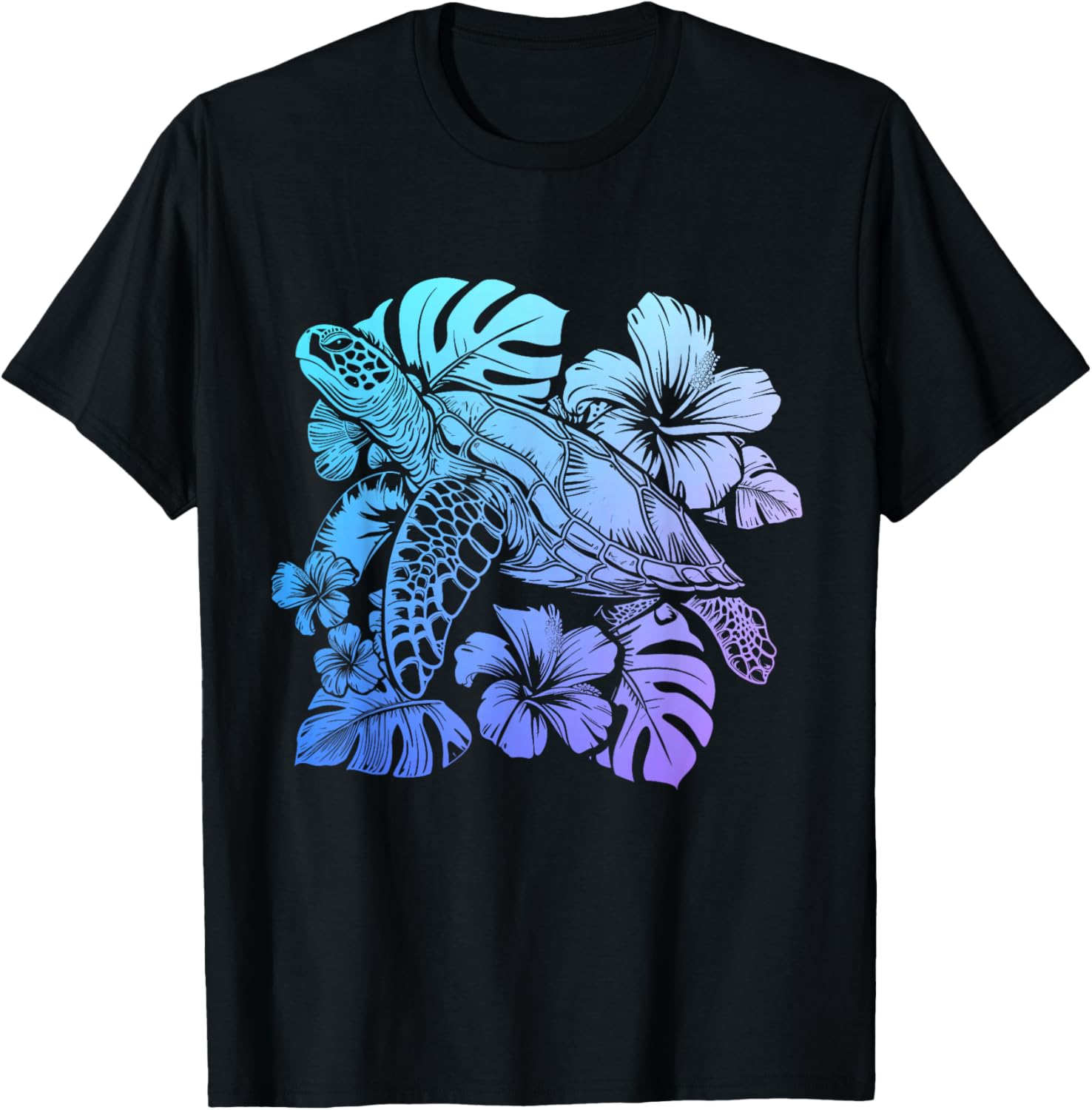 

Sea Turtle Hawaiian Flowers Graphic Print Men s Cotton T-Shirt Trip Casual Short Sleeve Tee 4XL