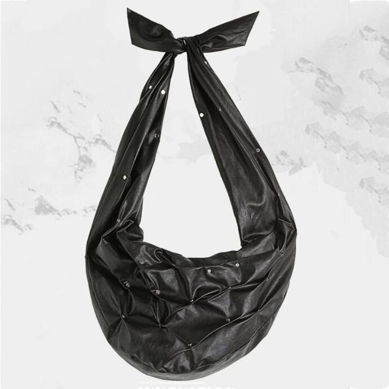 Gothic Hip Hop Punk Leather Crossbody Bag Men s Techwear Style Handmade Rivet Inlay Pleated PU Leather Single Shoulder Backpack