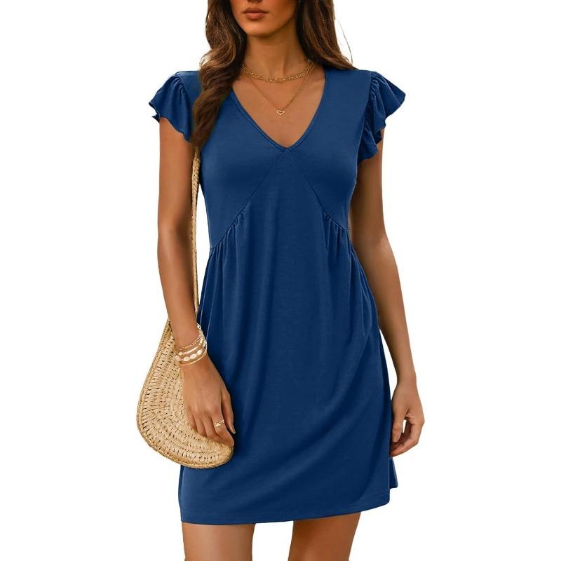 Women V Neck Flutter Sleeve Pleated Solid Color Flowy Long Dress
