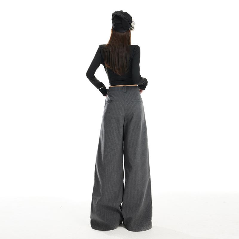 Gray Striped Wide-Leg High-Waisted Women's Pants - 2026 Spring Arrival, Straight and Slimming Versatile Suit Style.