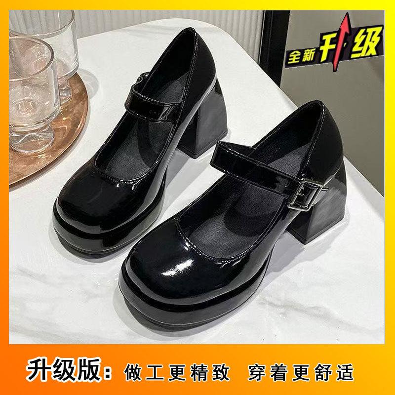 New Thick Heel Temperament High Heels Spring and Summer Black Light Mouth Women's Single Shoes One-word Buckle Mary Jane Shoes Tide