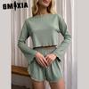 GMXIA Long Sleeve Shorts Autumn and Winter O-Neck Pajamas Two Piece Women's Home