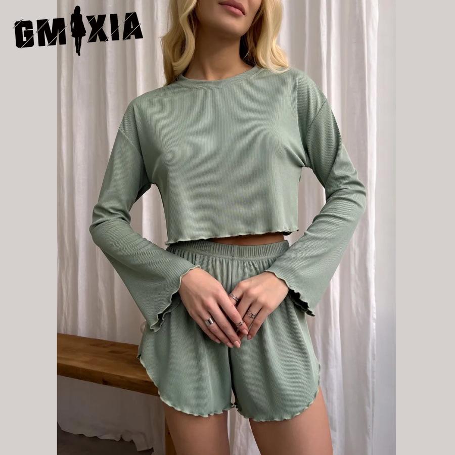 GMXIA Long Sleeve Shorts Autumn and Winter O-Neck Pajamas Two Piece Women's Home