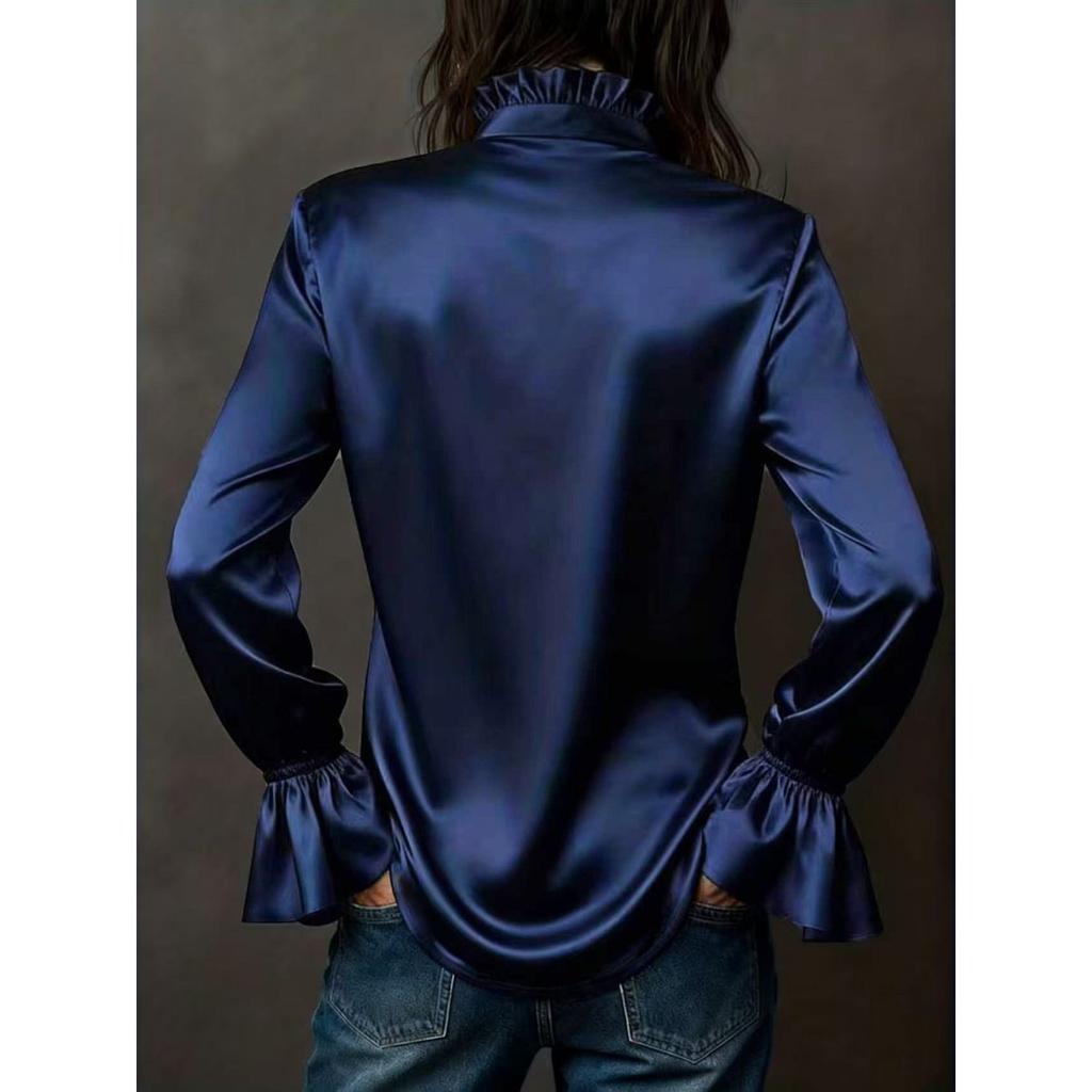 Spring New Women's Solid Satin Elegant Long Sleeve Single-Breasted Shirt Blouse, Leisure Casual Top