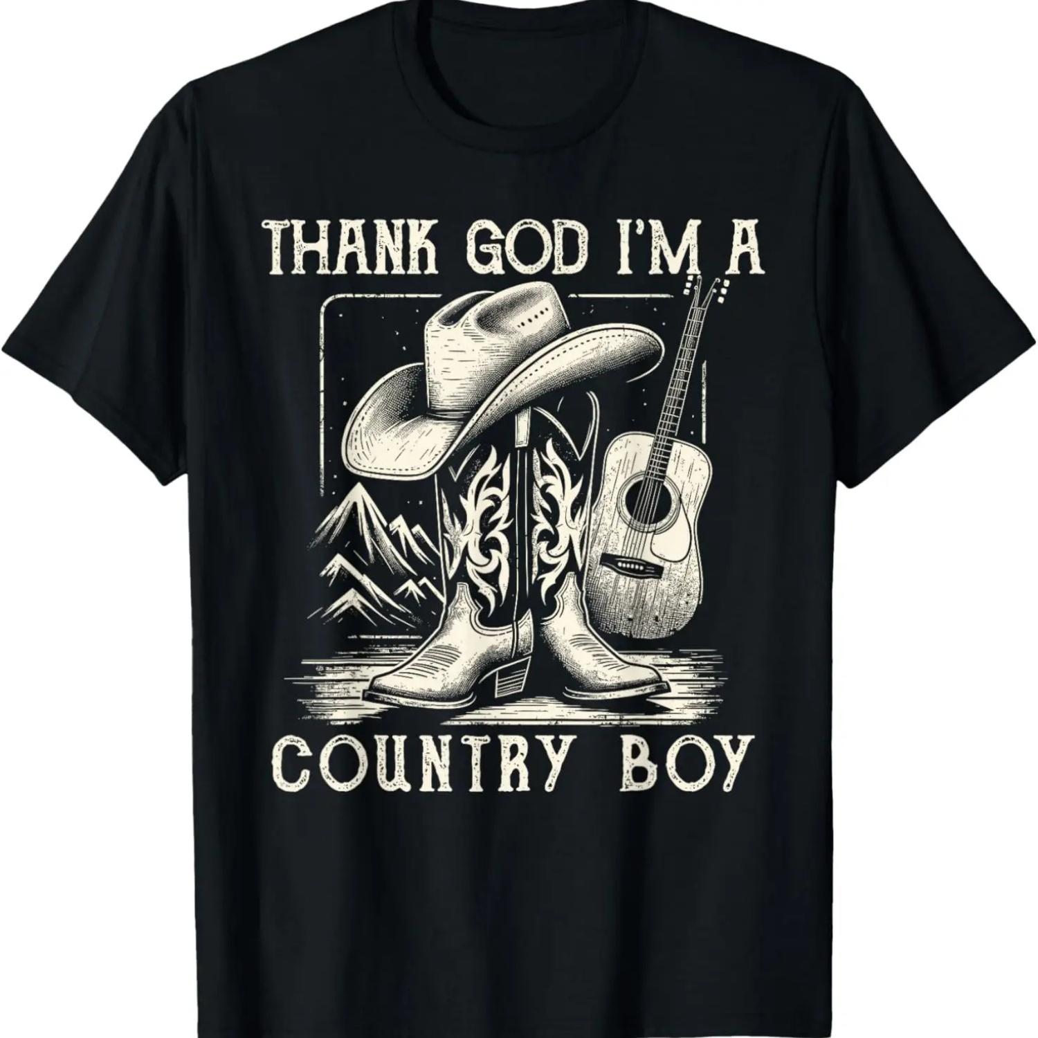 Thank God I m A Country Music Boy Cowboy Western Retro T-Shirt S чёрный