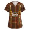 Women V Neck Short Sleeve Work Shirt with Pocket Oktoberfest Print Plaid Pattern Medical Scrub Top for Healthcare Professionals