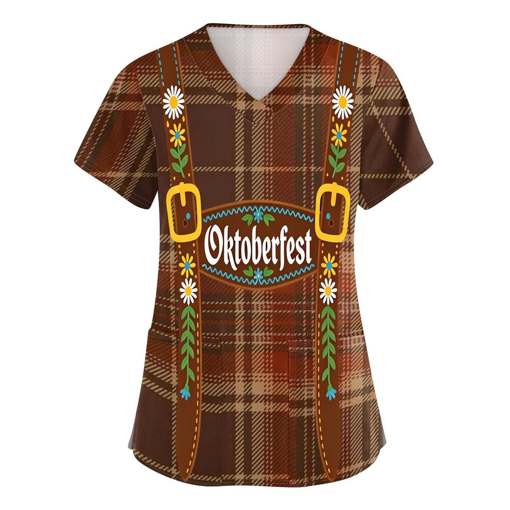 Women V Neck Short Sleeve Work Shirt with Pocket Oktoberfest Print Plaid Pattern Medical Scrub Top for Healthcare Professionals