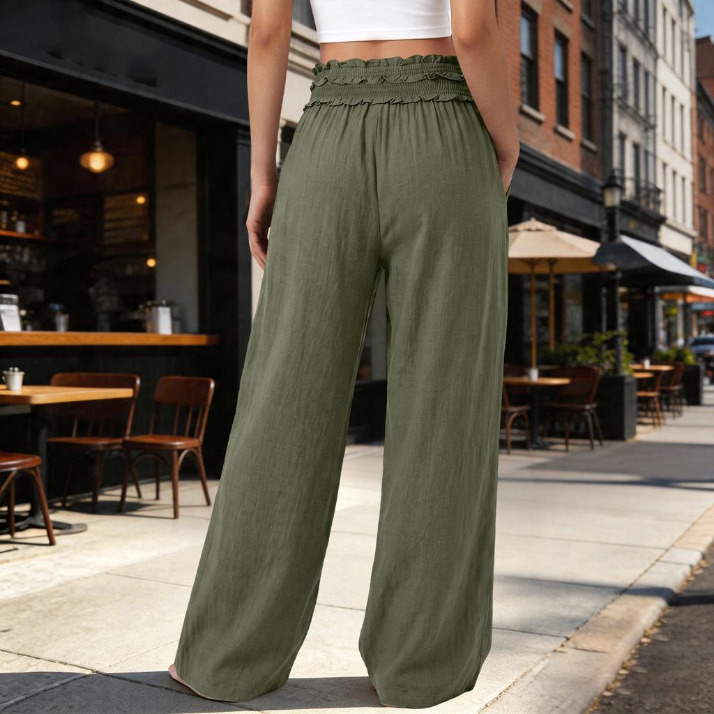 Women's Wide Leg Pants High Waist Loose Fit Pleated Bohemian Style Travel Casual Trousers with Pockets Summer Fashion Solid Color