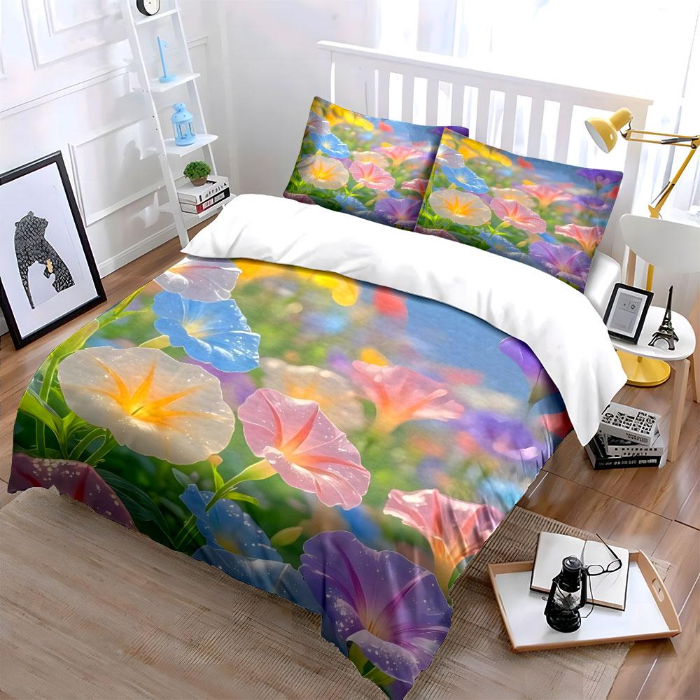 3Pcs Rainbow Morning Glory Meadow Bedding Set Realistic Pastel Flower Field Print Duvet Cover 2 Pillowcases King Queen Gift