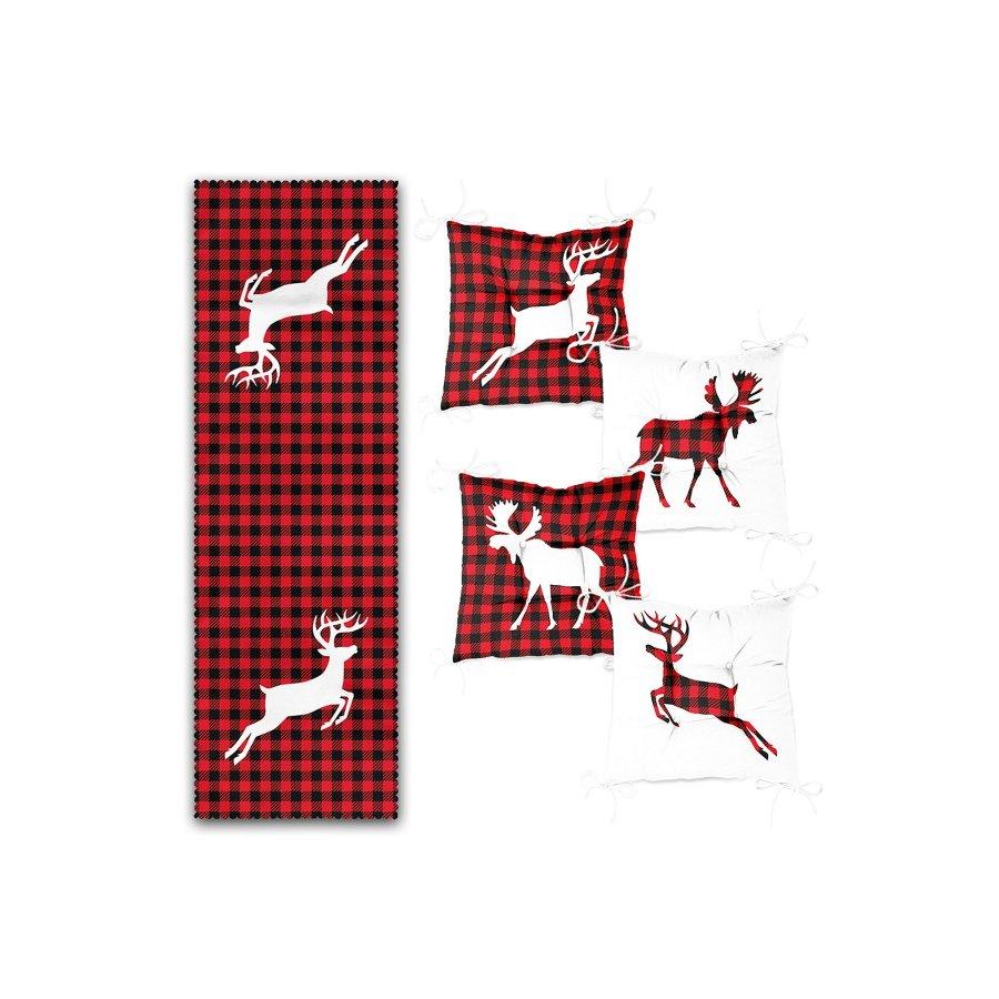 New Year Themed Deer Printed Chair Cushion Set / 4 Pieces 40×40cm Square Chair Cushions and 1 Piece Runner