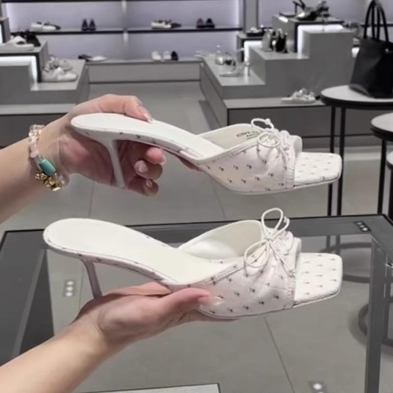 French Bow Floral High-heeled Sandals One-word Slippers Women's Outer Wear 2025 Summer New Stiletto Sandals