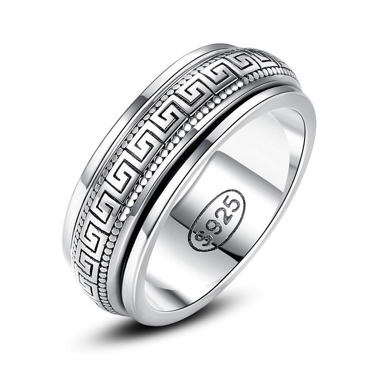Herren Sterling Silber Rotierender Mäander Muster Ring, Personalisierter Retro Zeigefinger Ring, Stapelbar und Trendy.