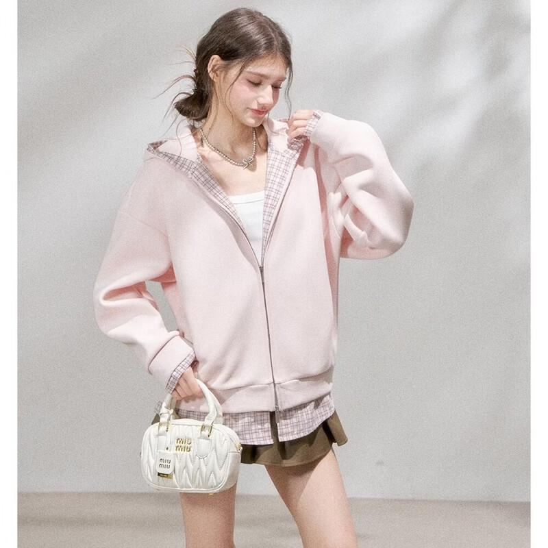 ICH MODE Women's Colorblock Loose Hooded Sweatshirt Jacket