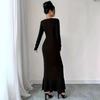 Women's Long-sleeved V-neck Black Row of Buttons Slim Fishtail Dresses
