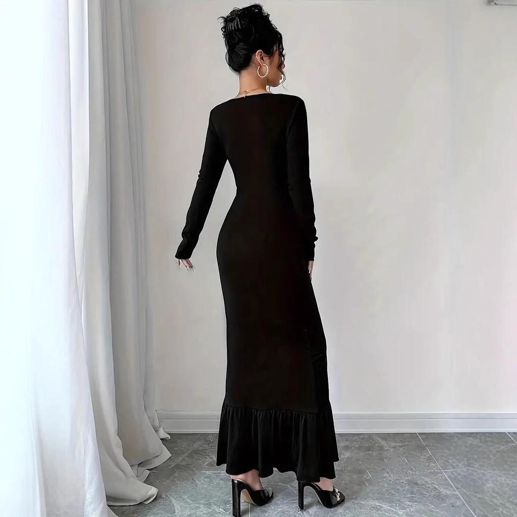 Women's Long-sleeved V-neck Black Row of Buttons Slim Fishtail Dresses