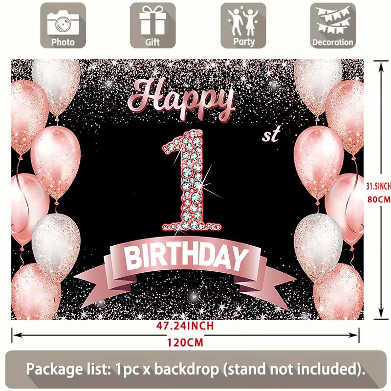 2D Flat Print Rose Gold 1st Birthday Tapestry Party Background Cloth