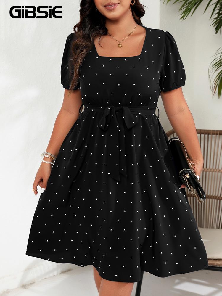 GIBSIE Große Größen Quadratischer Ausschnitt Gepunktetes Gürtelkleid Damen Elegant Retro Puffärmel Hohe Taille Sommer A-Linie Großer Schwung Kleider