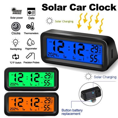 Solarauto Digitaluhr Datum Woche Temperatur Luftfeuchtigkeit LCD Hintergrundbeleuchtetes Display für Armaturenbrett Autouhr Automobile Innen Aufkleben