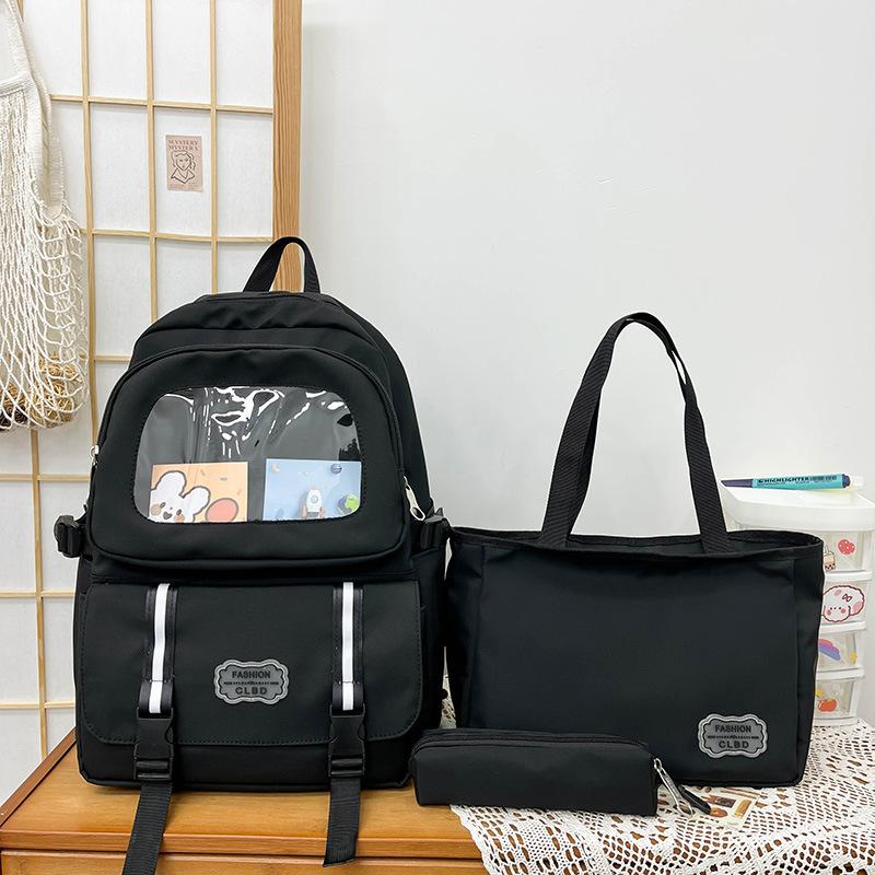 Three-Piece Backpack Set Student Schoolbag Women Solid Color Large Capacity Backpack with Lunch Bag Pen Bag