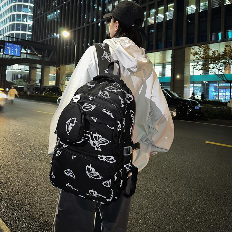 Butterfly Print Junior High School Student Schoolbag Women's Large Capacity Travel Lightweight Backpack with Coin Purse