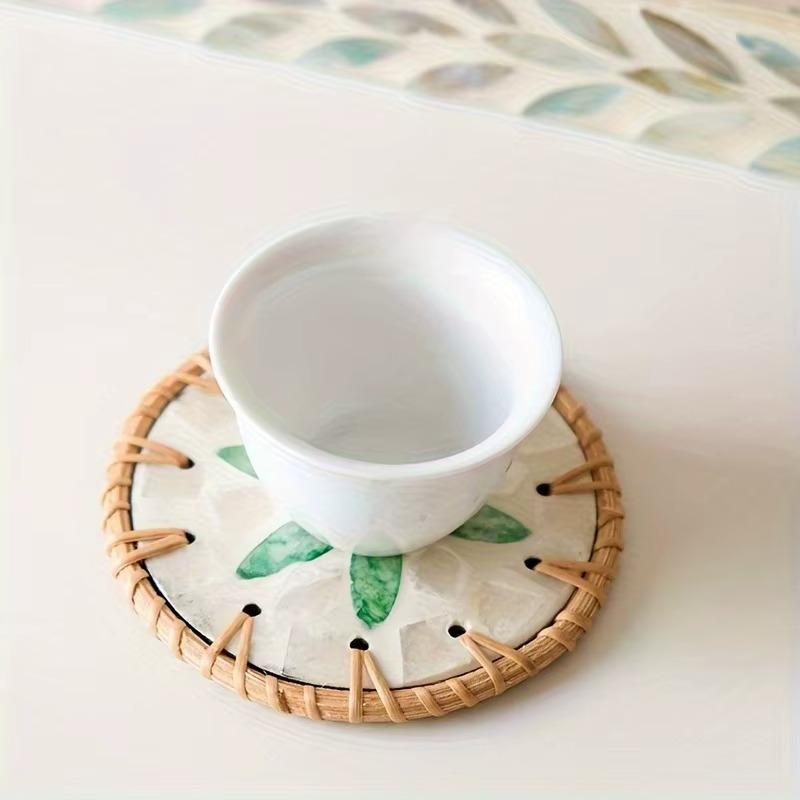6pcs Handmade Resin Coasters Set Heat-Resistant Table Protectors with Shell Mosaic Leaf/Round Patterns Boho Coaster Party Decor