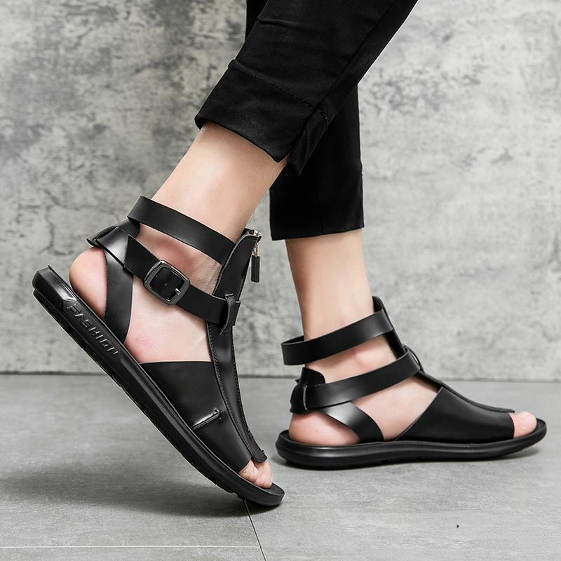 Men Black White Leather Gladiator Sandals Outdoor Summer Roman Sandals Peep Toe Beach Shoes