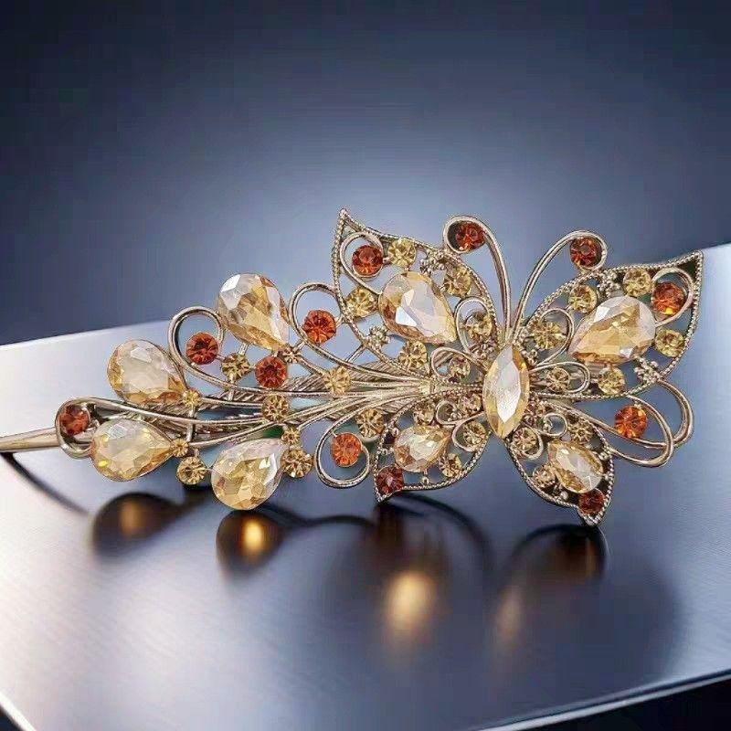 

European and American New Butterfly Hairpin Back Head High end Grip Happy Mother Chinese Hairpin Headdress Up-do Big Duckbill Clip Black Gold Background Yellow