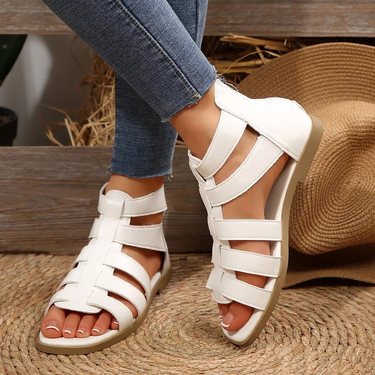 

Обувь для женщин сандалии с молнией сзади женские модные узкие повседневные сандалии женские новые большие размеры однотонные плоские сандалии 41