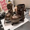 Women's Brown Retro British-Style Slimming Martin Boots, Knee-High, Thick Sole, Autumn 2025 Collection.