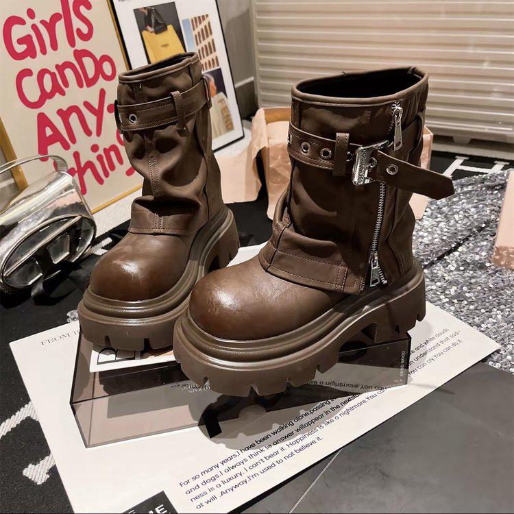 Women's Brown Retro British-Style Slimming Martin Boots, Knee-High, Thick Sole, Autumn 2025 Collection.