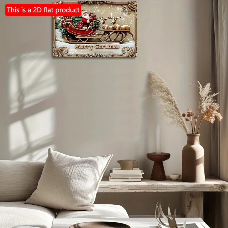 2d Flat 30*20cm, Glam Style Wooden Wall Hanging Decorative Sign, Festive Santa with Reindeer and Gifts Christmas Theme, Multipurpose Holiday, for Home