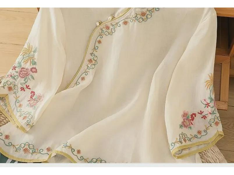 2024 Retro Style Women's Embroidered Cotton-Linen Shirt with Buttoned Lapel and Three-quarter Sleeves