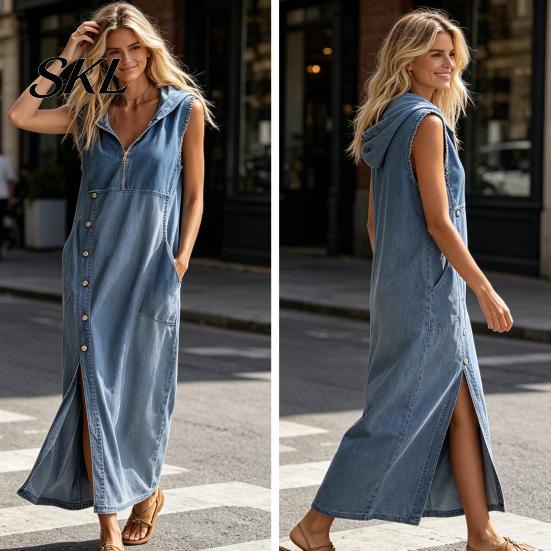 Everyday Wear Dress Women's Sleeveless Hoodies Maxi Dress, Button Up Side Slit Tank Beach Women with Pockets, Zip V Neck Hooded Summer Lightweight