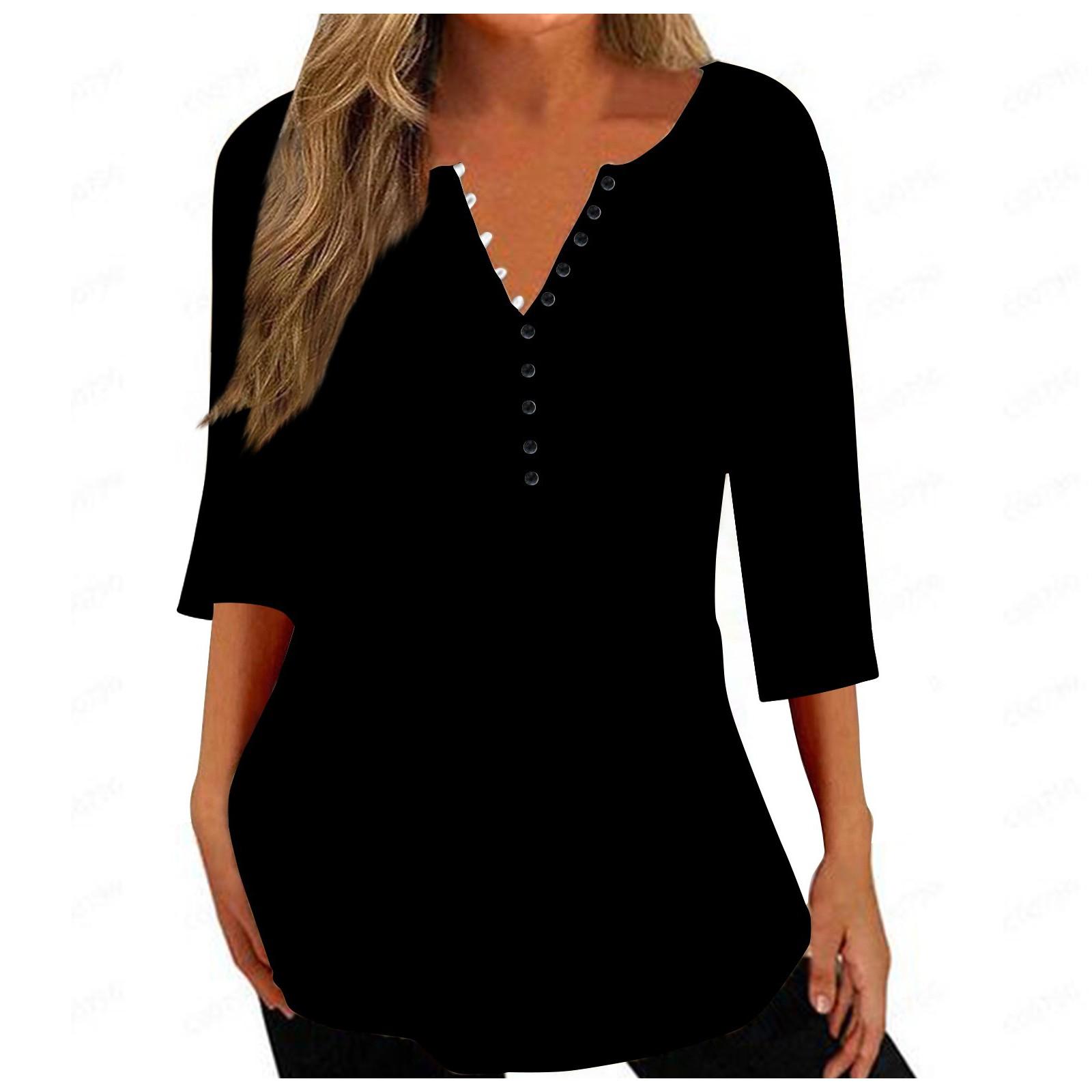 

Women s Top Loose Button Seven-quarter Sleeve T-shirt XXL чёрный